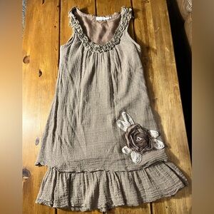 Blue Bird Taupe Layered Midi Dress with Floral Applique